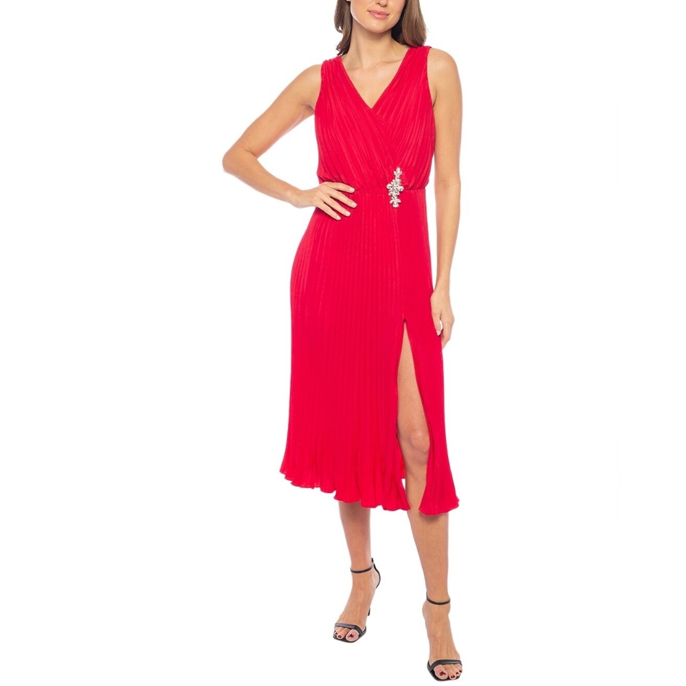 NWT - Marina Charmeuse "Berry" V Neck Sleeveless Pleated A Line Midi Dress- Sz M